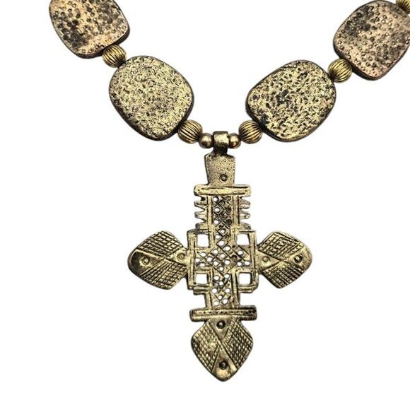 Ethiopian Cross Textured Bronze-Gold Stations Bead Statement Necklace - Picture 2 of 8